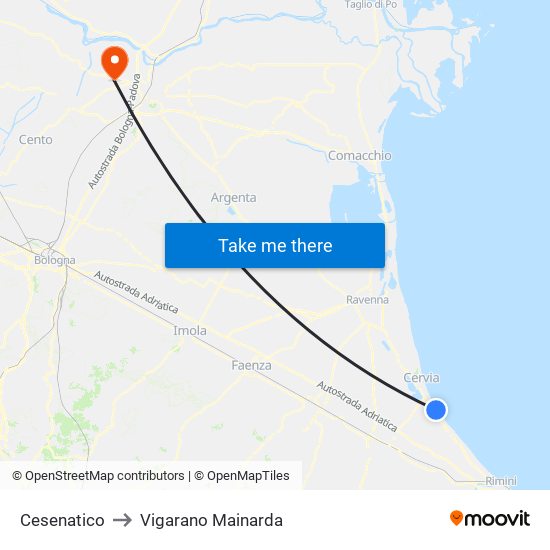 Cesenatico to Vigarano Mainarda map