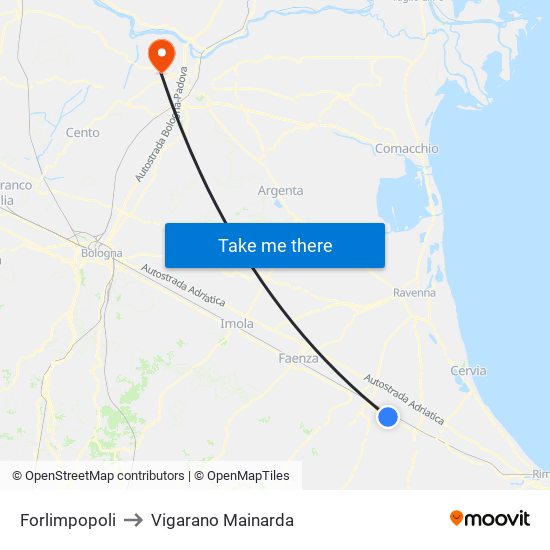 Forlimpopoli to Vigarano Mainarda map