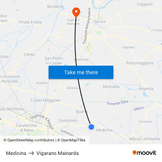 Medicina to Vigarano Mainarda map