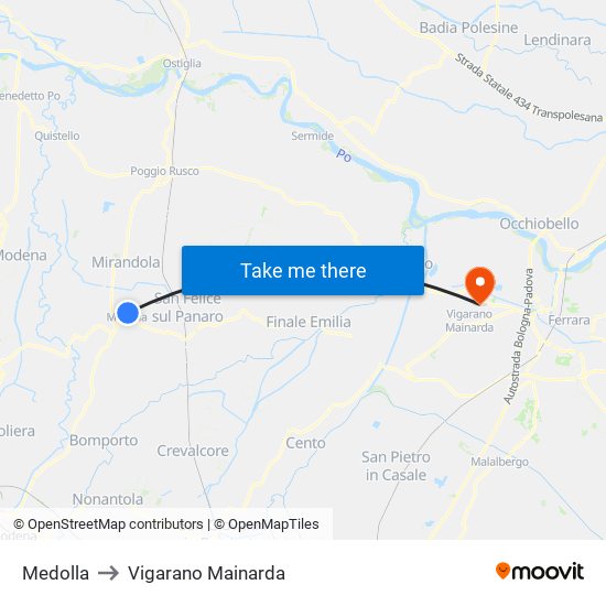 Medolla to Vigarano Mainarda map