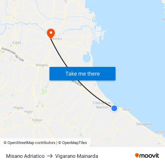 Misano Adriatico to Vigarano Mainarda map
