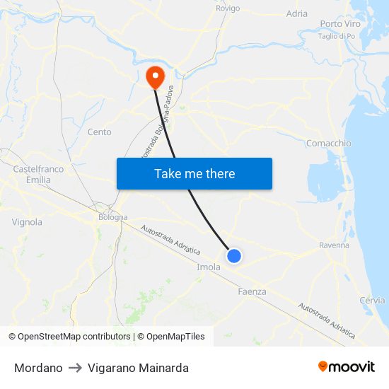 Mordano to Vigarano Mainarda map