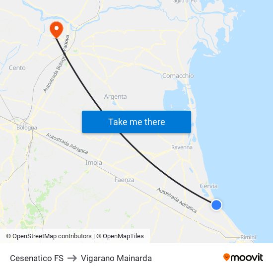 Cesenatico FS to Vigarano Mainarda map