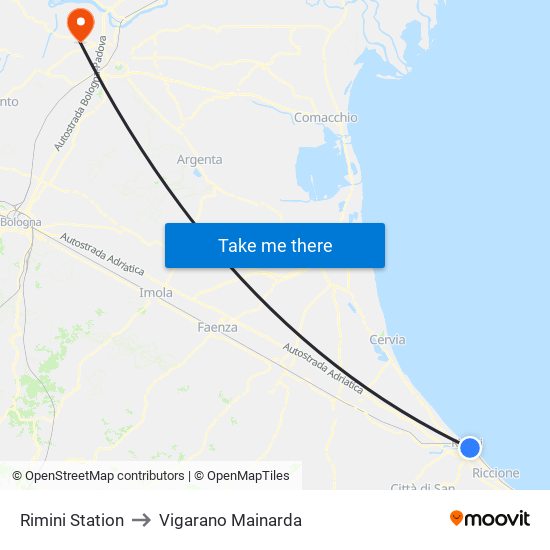 Rimini Station to Vigarano Mainarda map