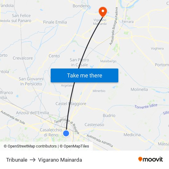 Tribunale to Vigarano Mainarda map