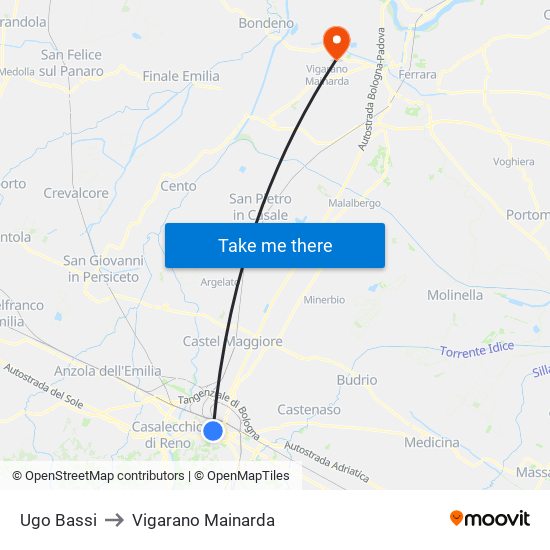 Ugo Bassi to Vigarano Mainarda map