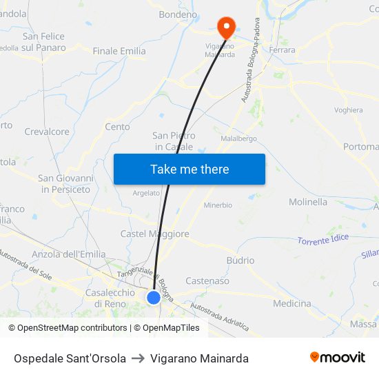 Ospedale Sant'Orsola to Vigarano Mainarda map