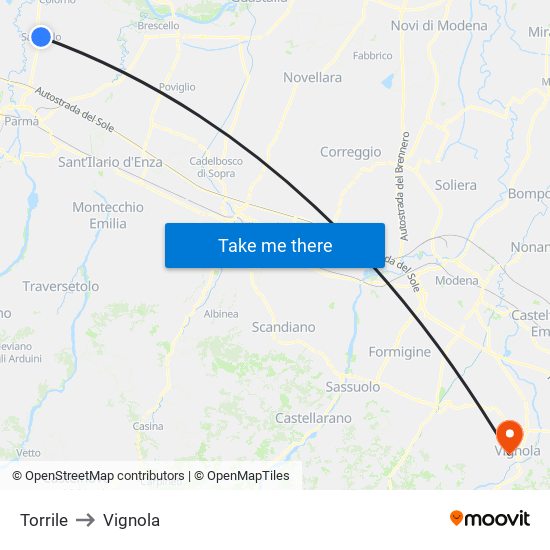 Torrile to Vignola map