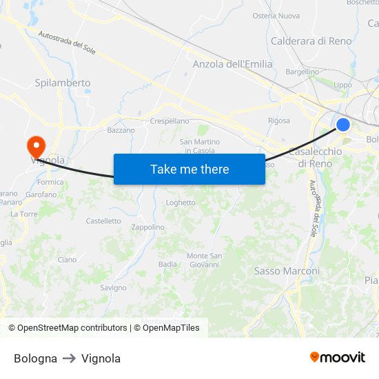 Bologna to Vignola map