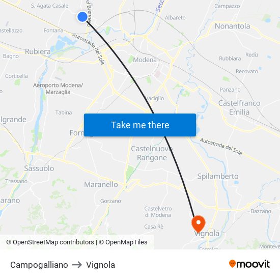 Campogalliano to Vignola map