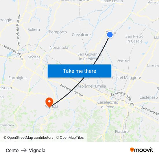 Cento to Vignola map