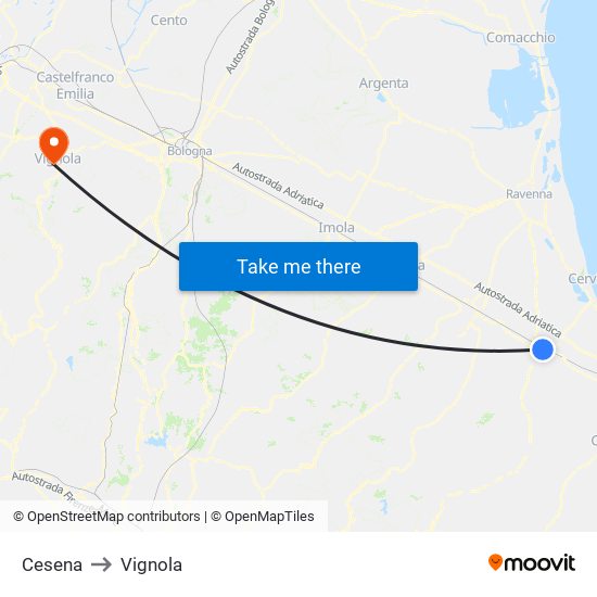 Cesena to Vignola map