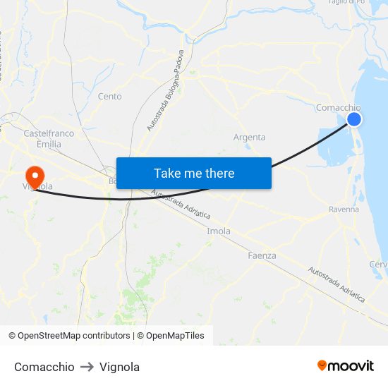 Comacchio to Vignola map