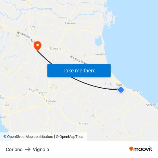 Coriano to Vignola map