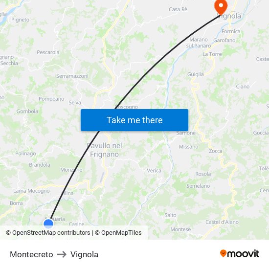 Montecreto to Vignola map