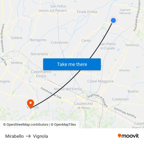 Mirabello to Vignola map