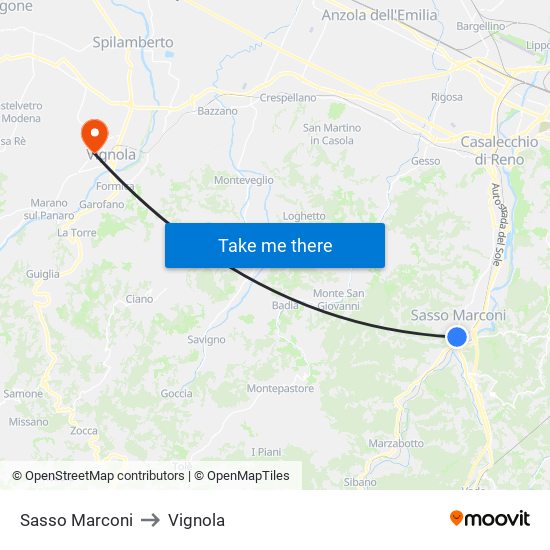 Sasso Marconi to Vignola map