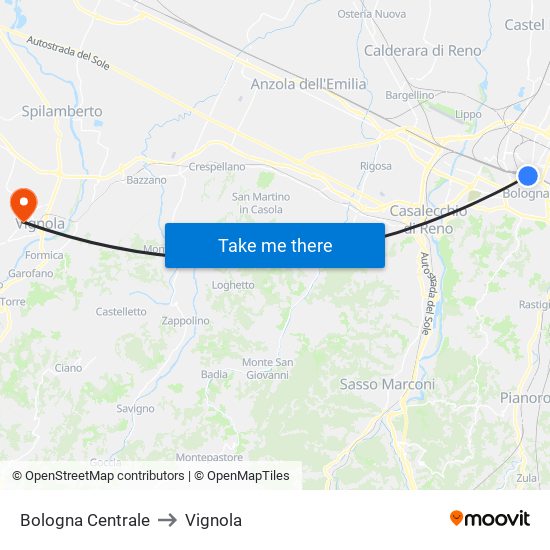 Bologna Centrale to Vignola map