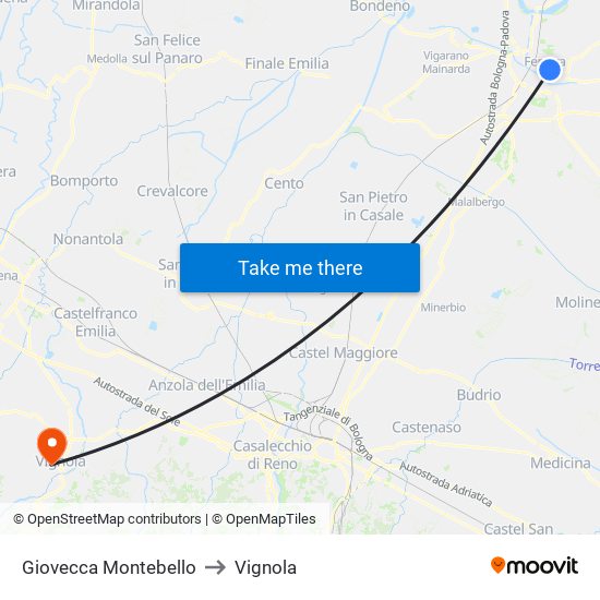 Giovecca Montebello to Vignola map