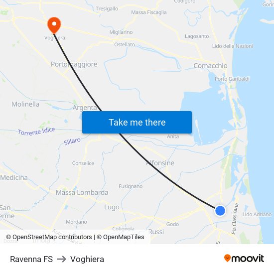 Ravenna FS to Voghiera map