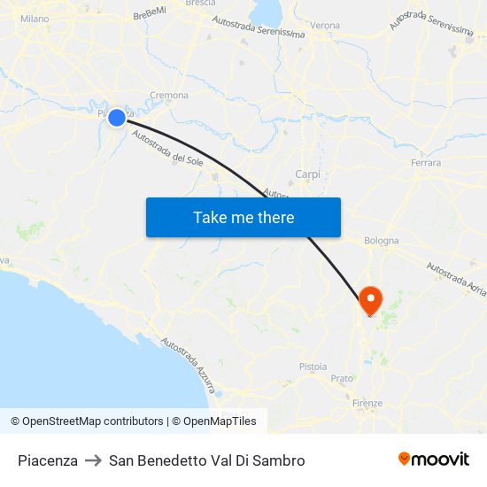 Piacenza to San Benedetto Val Di Sambro map