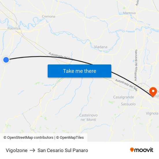 Vigolzone to San Cesario Sul Panaro map