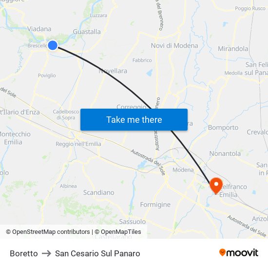 Boretto to San Cesario Sul Panaro map