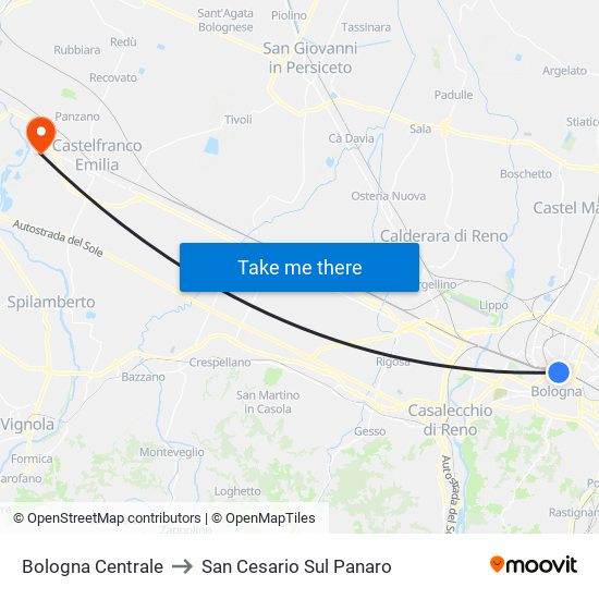 Bologna Centrale to San Cesario Sul Panaro map