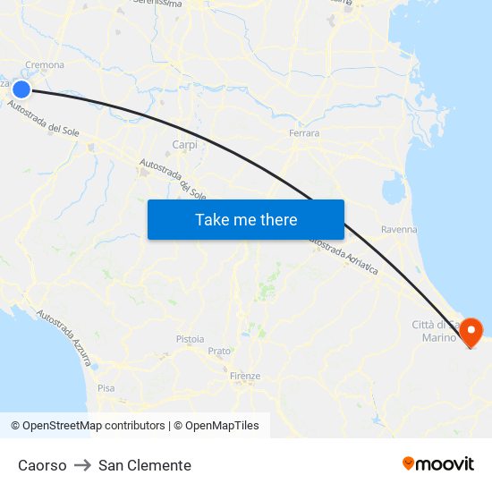 Caorso to San Clemente map