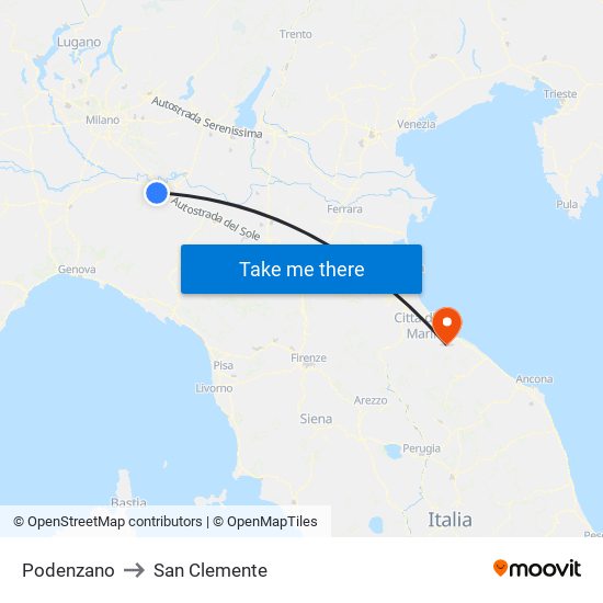 Podenzano to San Clemente map