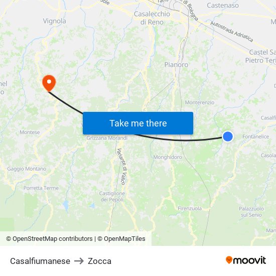 Casalfiumanese to Zocca map