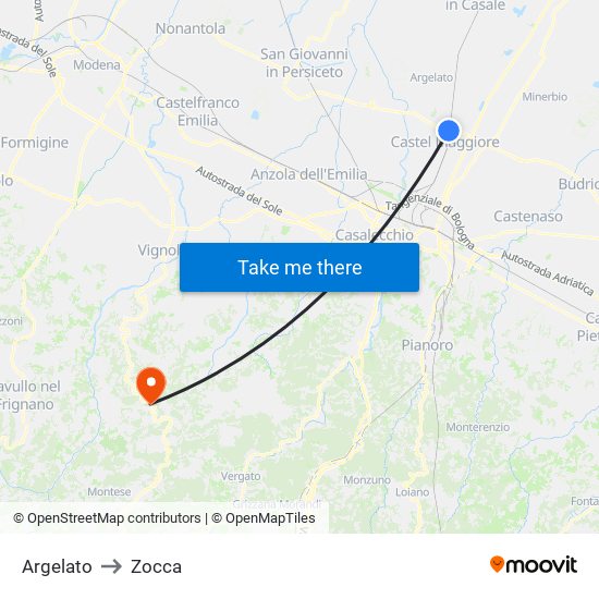 Argelato to Zocca map