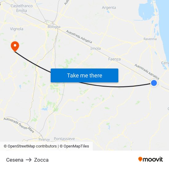 Cesena to Zocca map