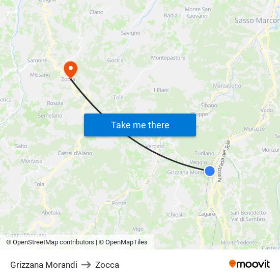 Grizzana Morandi to Zocca map