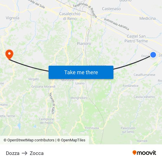 Dozza to Zocca map