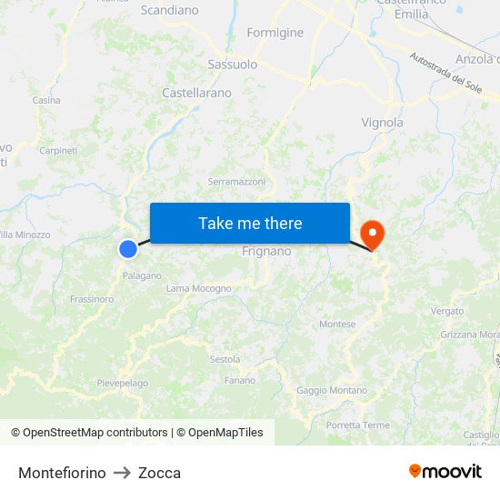 Montefiorino to Zocca map