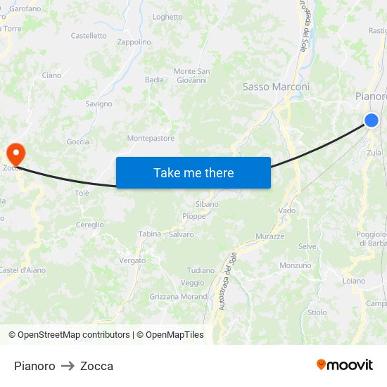 Pianoro to Zocca map