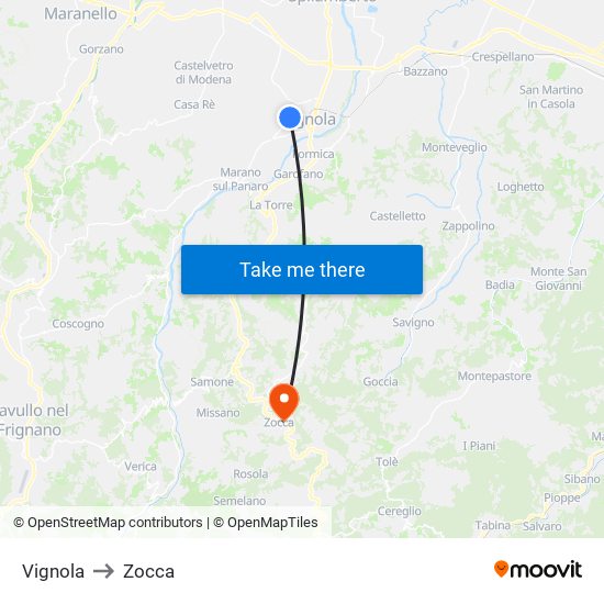 Vignola to Zocca map
