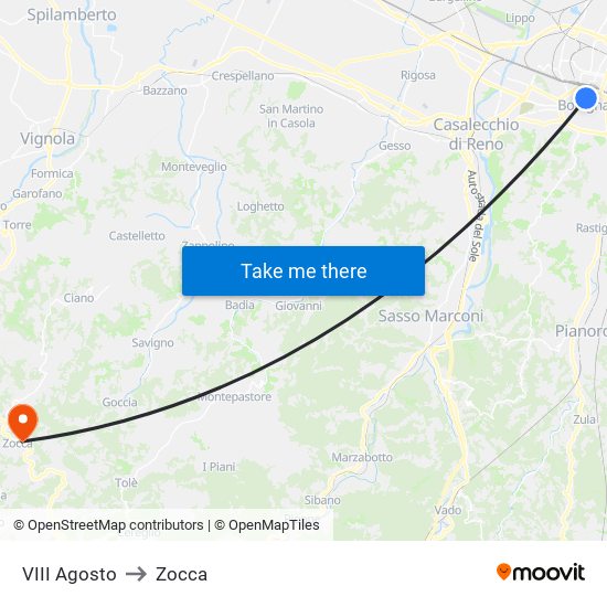 VIII Agosto to Zocca map