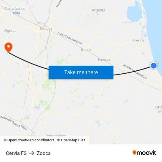 Cervia FS to Zocca map