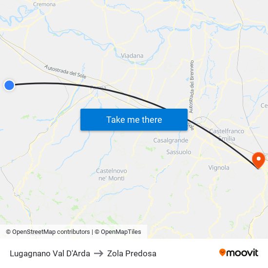 Lugagnano Val D'Arda to Zola Predosa map