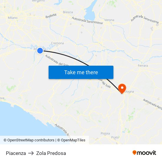 Piacenza to Zola Predosa map