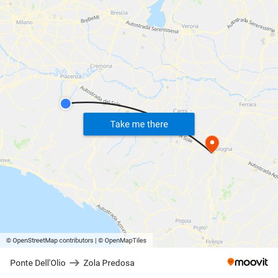 Ponte Dell'Olio to Zola Predosa map