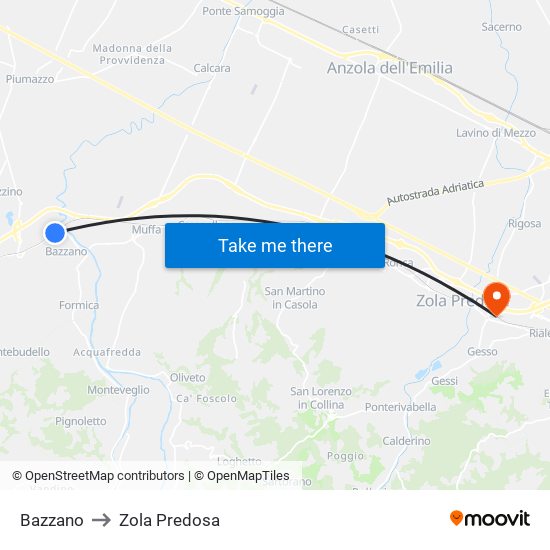 Bazzano to Zola Predosa map