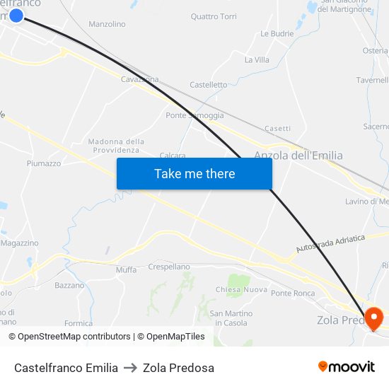 Castelfranco Emilia to Zola Predosa map