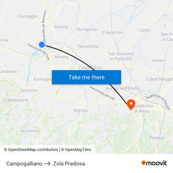 Campogalliano to Zola Predosa map