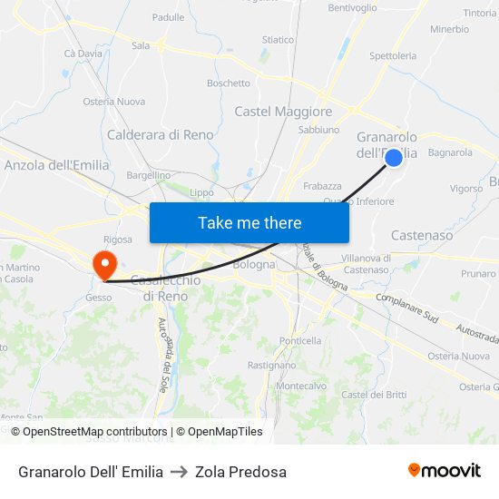Granarolo Dell' Emilia to Zola Predosa map