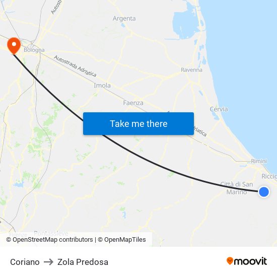 Coriano to Zola Predosa map