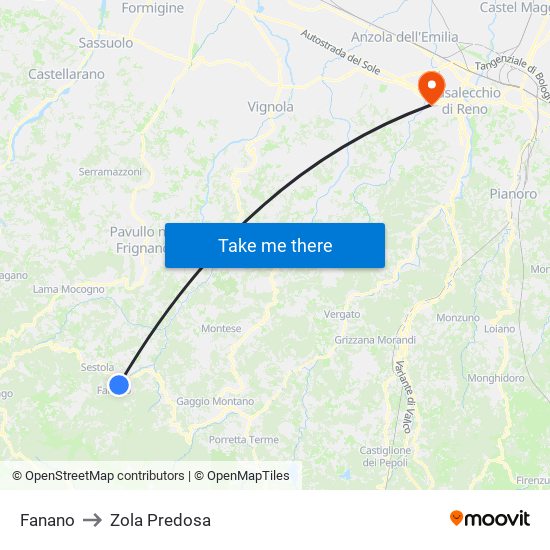 Fanano to Zola Predosa map