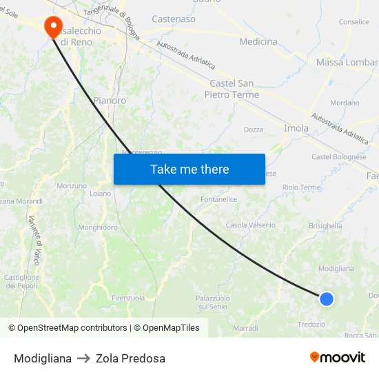 Modigliana to Zola Predosa map